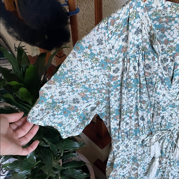 Elan Teal and White Floral Bohemian Cottagecore Midi Dress - Picture 6 of 13
